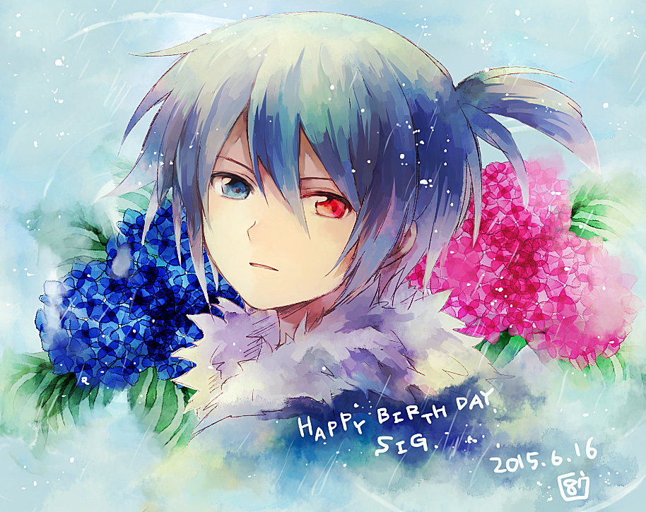 1boy blue_background blue_eyes blue_flower character_name flower from_side hair_between_eyes hana_(mew) happy_birthday hydrangea looking_at_viewer male_focus parted_lips pink_flower puyopuyo puyopuyo_fever puyopuyo_fever_2 rain red_eyes sig_(puyopuyo) signature solo