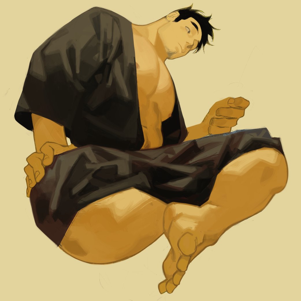 1boy abs bara bare_pectorals black_hair black_kimono facial_hair feet goatee japanese_clothes kimono large_pectorals leaning_to_the_side crossed_legs male_focus mature_male mr_kasuy muscular muscular_male navel_hair nipples open_clothes open_kimono original pectorals short_hair sideburns solo stomach stubble