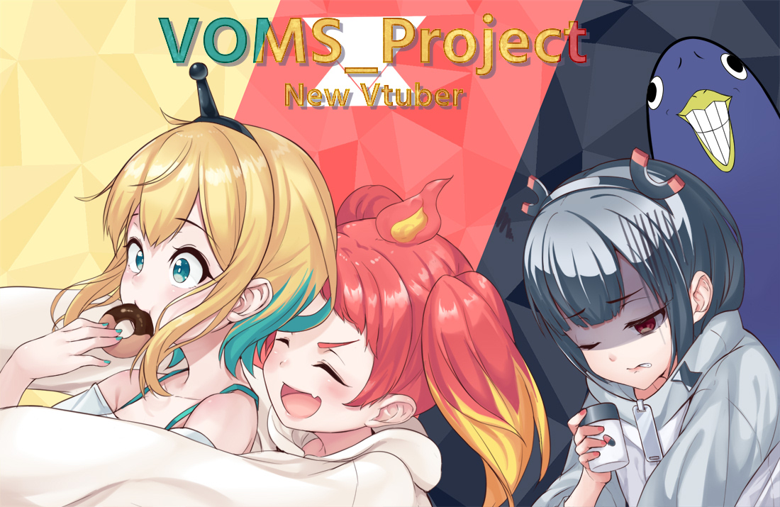 3girls :d amano_pikamee animal aqua_eyes bare_shoulders bird black_hair black_hairband blonde_hair blue_hair blue_nails blush bottle clenched_teeth closed_eyes collarbone commentary_request copyright_name donut eating fang food grin gyari_(bird) hairband hikasa_tomoshika holding holding_bottle holding_food hood hood_down hoodie hug hug_from_behind jacket jitomi_monoe long_sleeves magnet multicolored_hair multiple_girls nail_polish off-shoulder_shirt off_shoulder one_eye_closed open_mouth puffy_long_sleeves puffy_sleeves red_eyes red_hair shaded_face shirt smile teeth tenneko_yuuri two-tone_hair upper_body virtual_youtuber voms white_hoodie white_jacket white_shirt