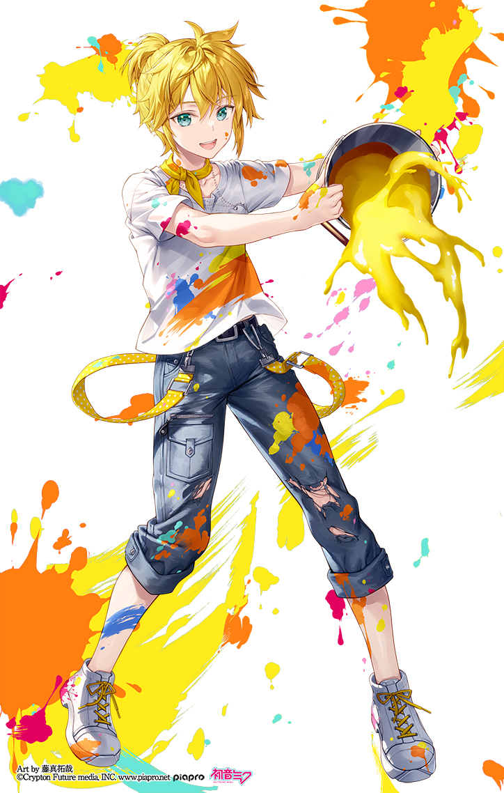 1boy blonde_hair bucket commentary_request copyright_notice denim fujima_takuya full_body green_eyes holding holding_bucket jewelry kagamine_len looking_at_viewer male_focus neckerchief necklace official_art open_mouth paint paint_on_body paint_on_clothes paint_splatter pants pants_rolled_up piapro_studio ponytail shirt shoes short_hair short_ponytail sneakers solo splashing t-shirt teeth torn_clothes torn_pants upper_teeth_only vocaloid white_shirt white_shoes yellow_neckerchief