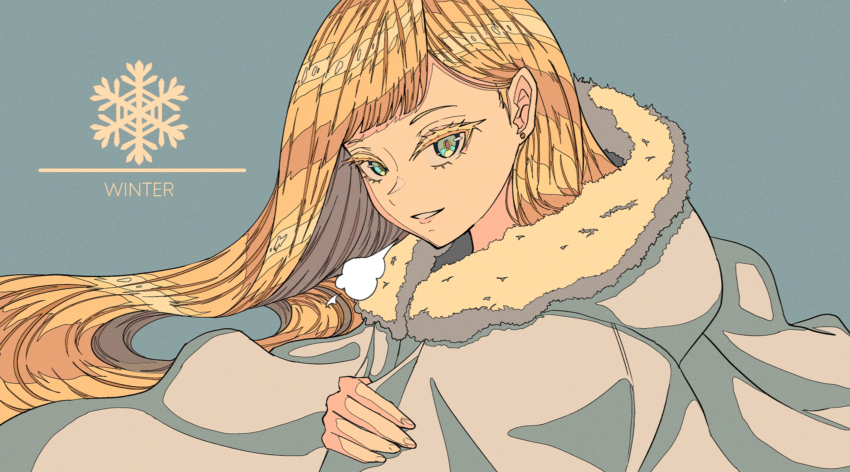 1girl aqua_background artdroiiid_ii blonde_hair breath cloak cold colored_eyelashes commentary earrings english_text eyelashes fur-trimmed_hood fur_trim grey_cloak hair_behind_ear highres hood hooded_cloak jewelry long_hair looking_at_viewer multicolored_eyes original parted_lips smile snowflake_print solo straight_hair stud_earrings swept_bangs symbol-only_commentary turning_head upper_body very_long_hair winter_clothes