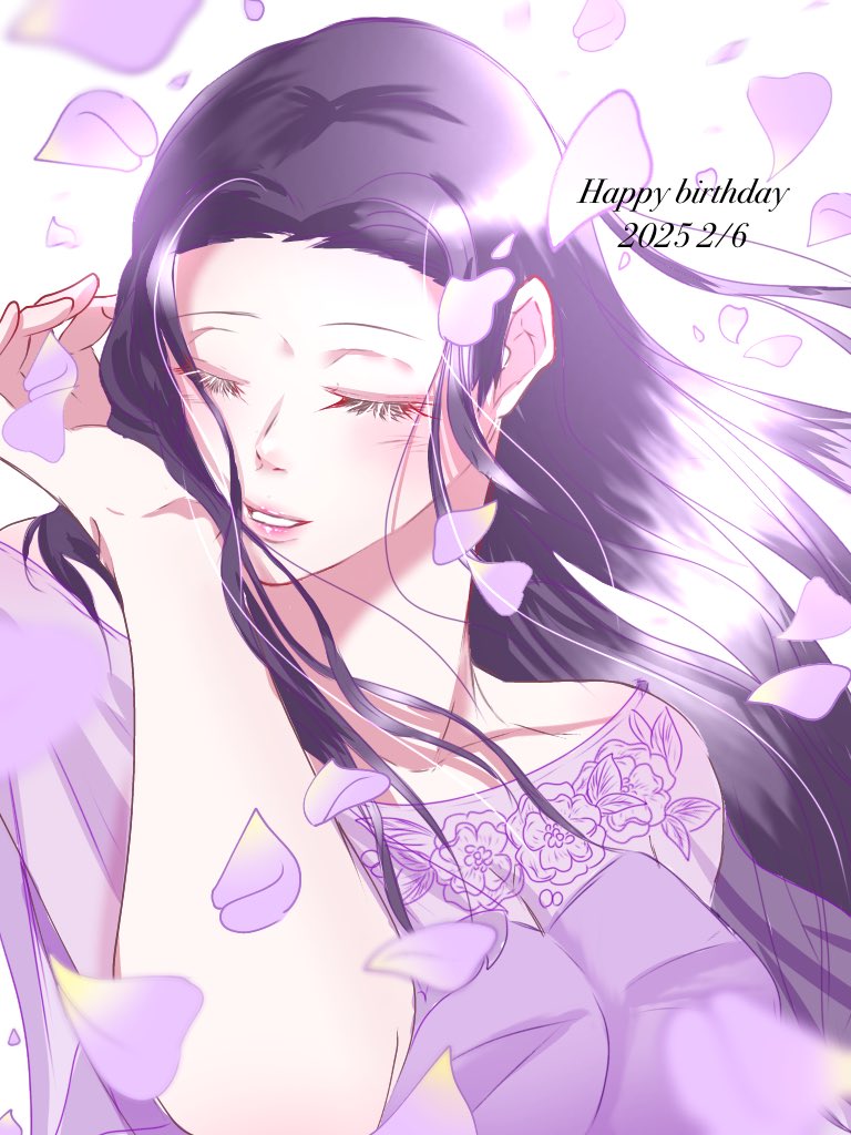 1girl 2025 20s closed_eyes commentary_request dated dress eyelashes falling_petals floating_hair happy_birthday kyouya3266 long_hair nico_robin one_piece petals purple_dress purple_hair purple_theme sidelocks simple_background smile solo upper_body