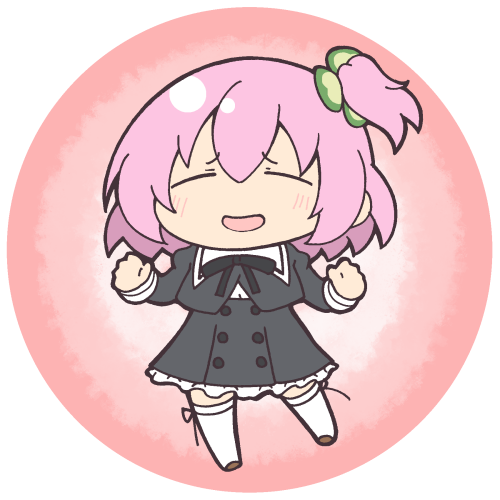 1girl =_= assault_lily black_ribbon black_skirt blush brown_shoes buttons chibi closed_eyes clover commentary_request cropped_jacket facing_viewer four-leaf_clover full_body gradient_background hair_between_eyes hands_up high-waist_skirt hitotsuyanagi_riri juliet_sleeves leg_ribbon long_sleeves lowres masaki_itsuki miniskirt neck_ribbon one_side_up open_mouth pink_background pink_hair puffy_sleeves raised_eyebrows ribbon round_image school_uniform shoes short_hair skirt smile solo standing thigh_ribbon thighhighs transparent_background white_thighhighs yurigaoka_girls_academy_school_uniform zettai_ryouiki