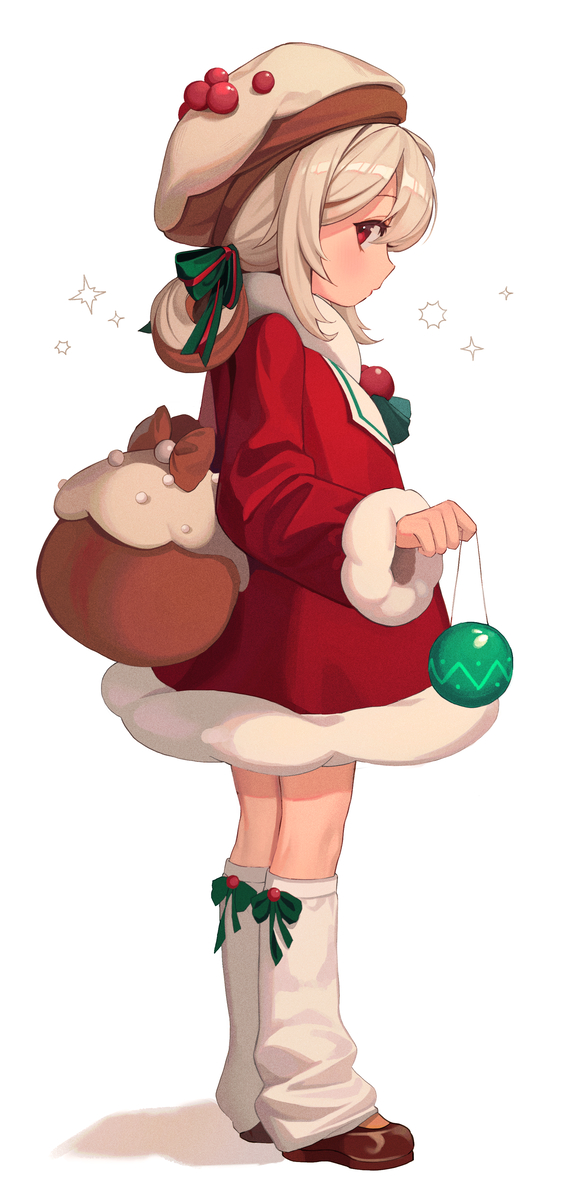 1girl bag blonde_hair blush bow brooch brown_shoes christmas_ornaments cookie_run cookie_run:_ovenbreak dress food-themed_brooch food-themed_hat hair_bow highres jewelry leg_warmers looking_at_viewer mill_bbang peppernut_cookie red_eyes santa_costume santa_dress shoes short_hair simple_background solo white_background white_hair