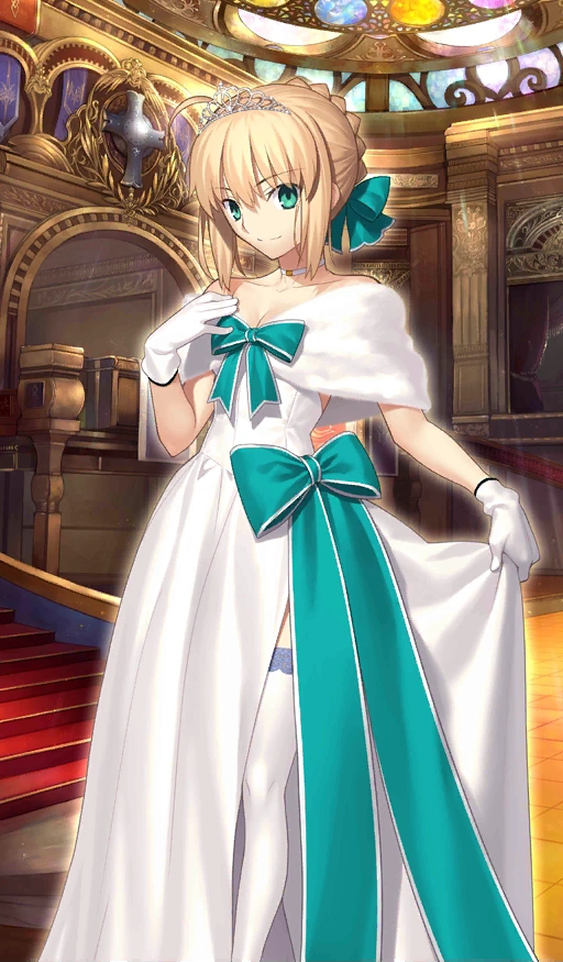 1girl ahoge artoria_pendragon_(fate) bare_shoulders blonde_hair bow braid braided_bun breasts choker cleavage closed_mouth clothes_lift collarbone cowboy_shot craft_essence_(fate) dress dress_lift fate/grand_order fate_(series) gloves green_bow green_eyes hair_bow hair_bun heroic_spirit_formal_dress indoors lifting_own_clothes looking_at_viewer official_alternate_costume official_art saber_(fate) saber_(formal_dress)_(fate) short_hair side_slit skirt_hold smile solo stairs standing takeuchi_takashi thighhighs tiara waist_bow white_dress white_gloves white_neckwear white_thighhighs
