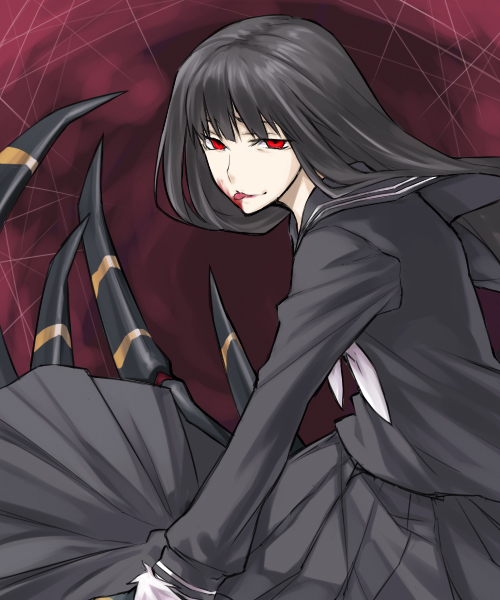 1girl arthropod_limbs atlach-nacha black_hair blood blood_on_face female_focus hirasaka_hatsune long_hair red_eyes samoni_ouka silk solo spider_web tongue tongue_out