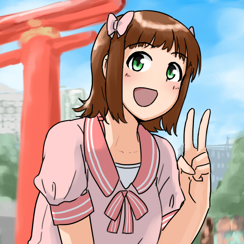 amami_haruka annko brown_hair city collarbone green_eyes hair_ribbon idolmaster idolmaster_(classic) light_blush looking_at_viewer non-web_source ribbon school_uniform shrine torii v