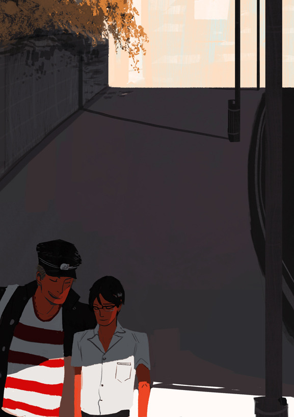 2boys amei_zhao black_hair black_jacket blonde_hair cross_scar day facial_scar gakuran glasses hat jacket kawabuchi_sentarou male_focus military_hat multiple_boys nishimi_kaoru open_clothes open_jacket outdoors sakamichi_no_apollon scar scar_on_cheek scar_on_face school_uniform shade shirt short_hair side-by-side sidewalk smile striped_clothes striped_shirt upper_body walking