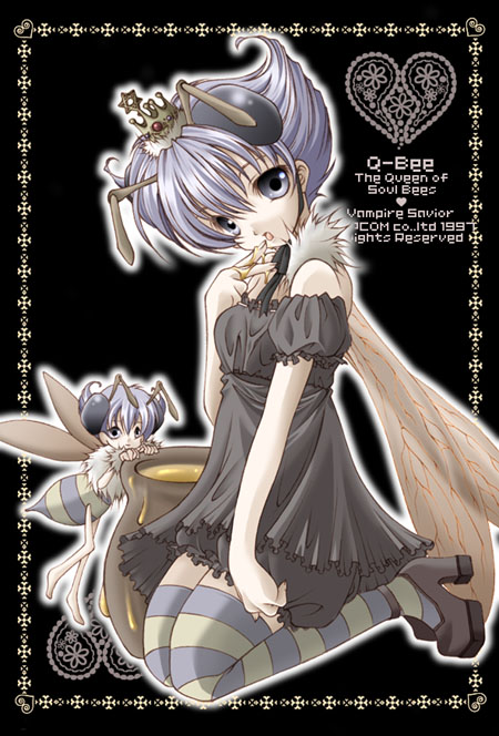 arthropod_girl bee bee_girl blue_eyes blue_hair bug capcom crown gothic_lolita high_heels honey insect insect_girl lolita_fashion monster_girl q-bee striped_legwear thighhighs darkstalkers wings