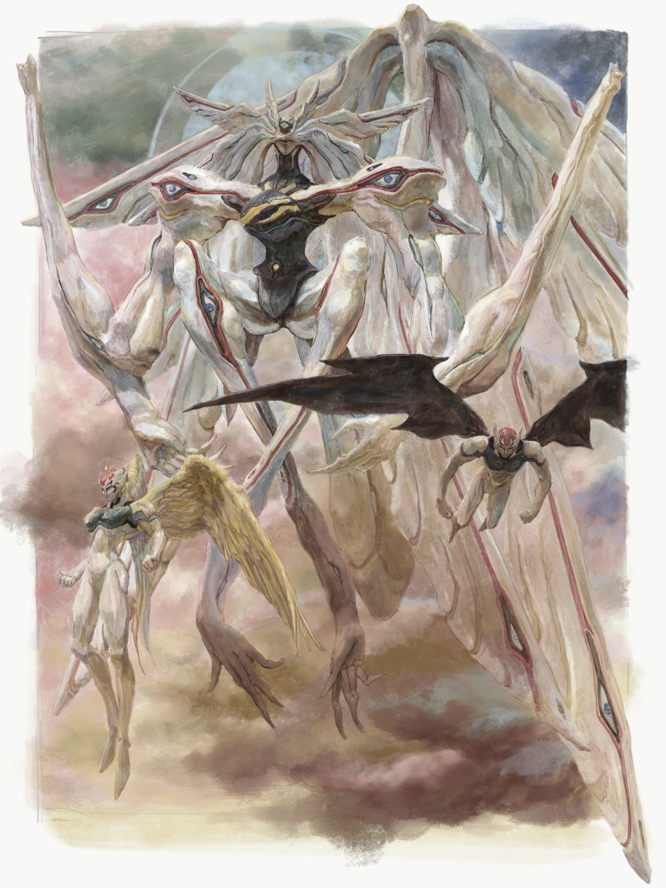 3others angel_wings black_wings border cloud colored_skin commentary_request deus_(xenogears) extra_eyes flying highres kosibahara multiple_others outside_border white_border white_skin wings xenogears
