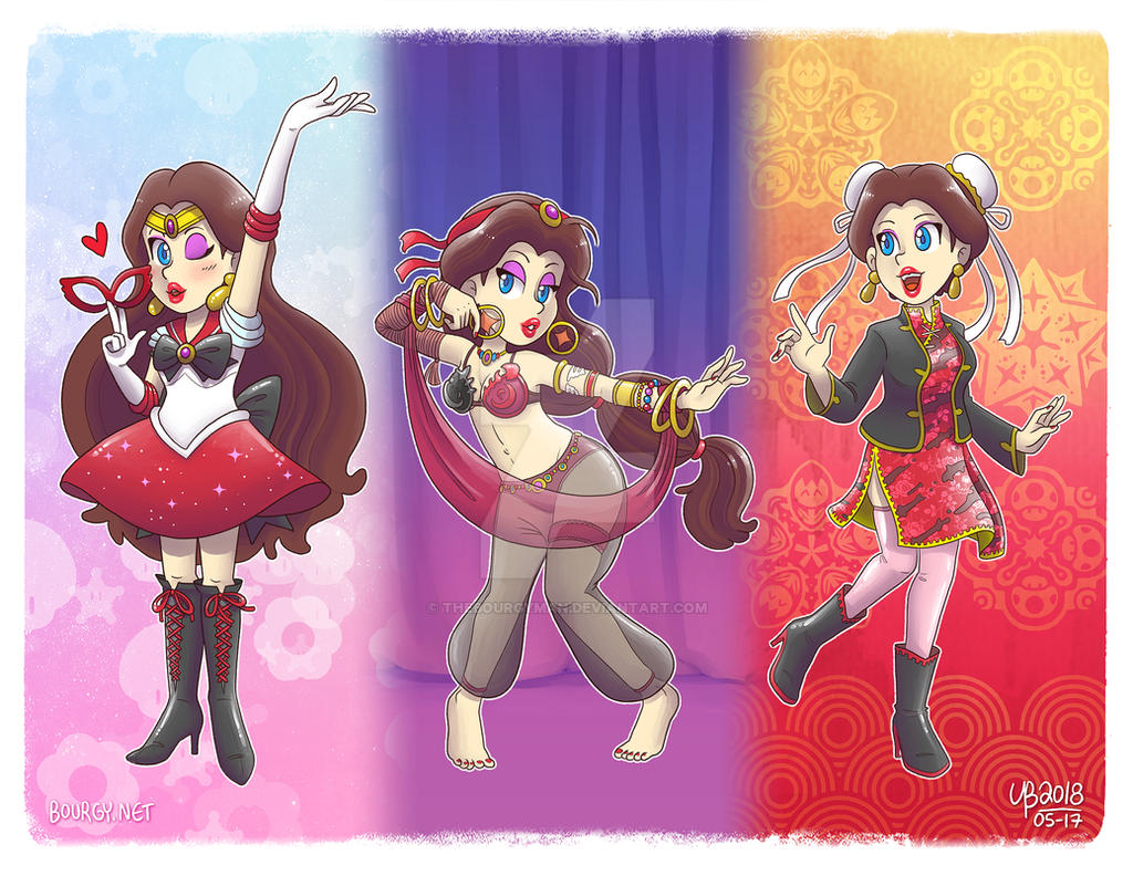 1girl belly_dancer bishoujo_senshi_sailor_moon blue_eyes blush boots breasts brown_hair china_dress chinese_clothes cosplay donkey_kong_(1981_game) donkey_kong_(series) dress earrings eyeshadow full_body gloves hand_up jewelry legs lipstick long_hair looking_at_viewer makeup mario_(series) mask medium_breasts navel nintendo one_eye_closed pauline_(mario) sailor_mars sailor_mars_(cosplay) skirt thebourgyman tiara wink