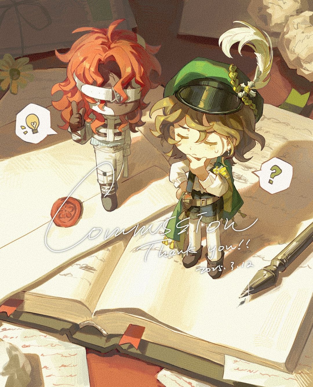 1boy 1girl ? aleph_(reverse:1999) black_gloves black_mask black_shorts black_vest book bookmark boots brown_boots brown_hair cabbie_hat cape chibi closed_eyes commission covered_face dated dongfang_shuyechu envelope gloves green_cape green_hat hand_on_own_chin hand_on_own_hip hand_up hat hat_feather highres index_finger_raised jacket light_bulb long_hair mini_person miniboy minigirl open_book pants pantyhose paper pen recoleta_(reverse:1999) red_hair reverse:1999 shirt short_hair short_shorts shorts side_cape speech_bubble spoken_light_bulb spoken_question_mark stroking_own_chin thank_you thinking vest wax_seal white_jacket white_pants white_pantyhose white_shirt