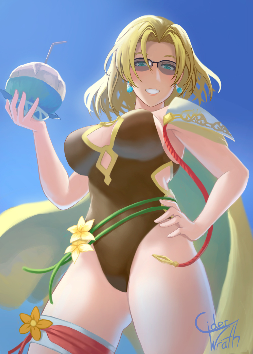 1girl artist_name blonde_hair blue_eyes breasts cape ciderwrath cup drinking_straw earrings female_focus fire_emblem fire_emblem:_the_sacred_stones fire_emblem_heroes flower hand_on_own_hip highres holding holding_cup jewelry medium_breasts medium_hair nintendo official_alternate_costume one-piece_swimsuit parted_bangs selena_(fire_emblem:_the_sacred_stones) selena_(summer)_(fire_emblem:_the_sacred_stones) smile solo sunglasses swimsuit thigh_strap
