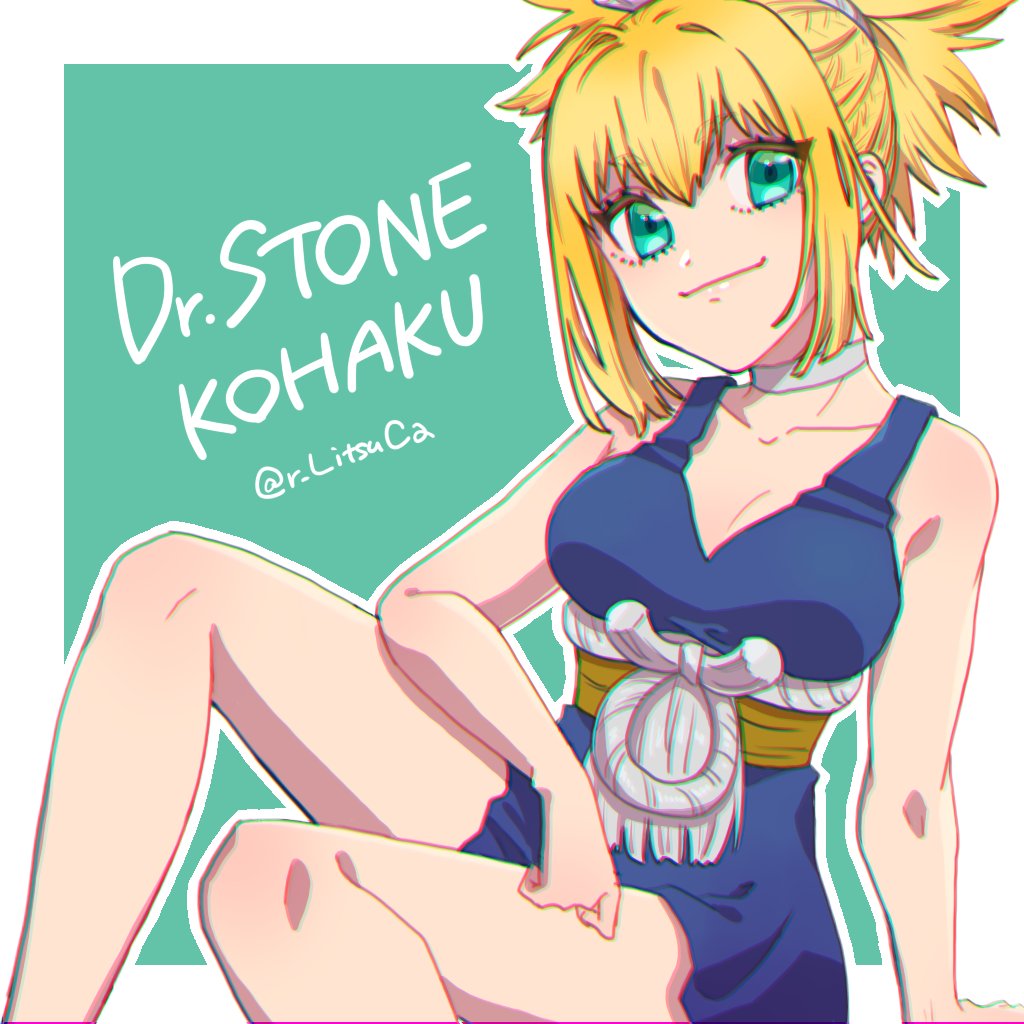 1girl blonde_hair blue_dress breasts character_name choker cleavage collarbone copyright_name dr._stone dress green_eyes kohaku_(dr._stone) looking_at_viewer medium_breasts ponytail ritsu_(r_litsuca) sidelocks sitting sleeveless smile solo twitter_username upper_body white_choker