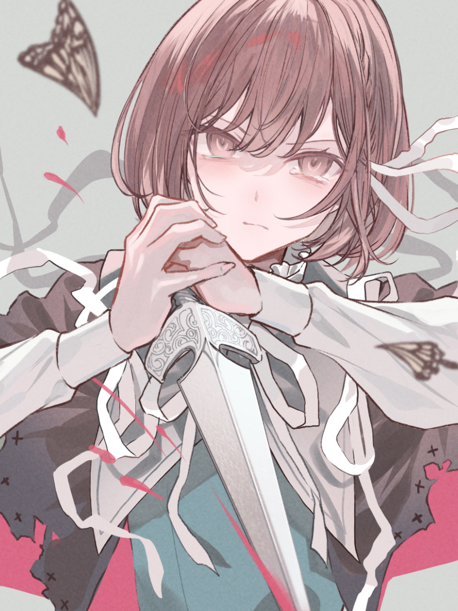 blood bob_cut bow brown_eyes brown_hair bug butterfly closed_mouth gehenna_(vocaloid) grey_background hair_ribbon highres insect light_brown_hair long_sleeves poppoman project_sekai ribbon shinonome_ena shirt simple_background sword tearing_up tears weapon white_ribbon white_shirt