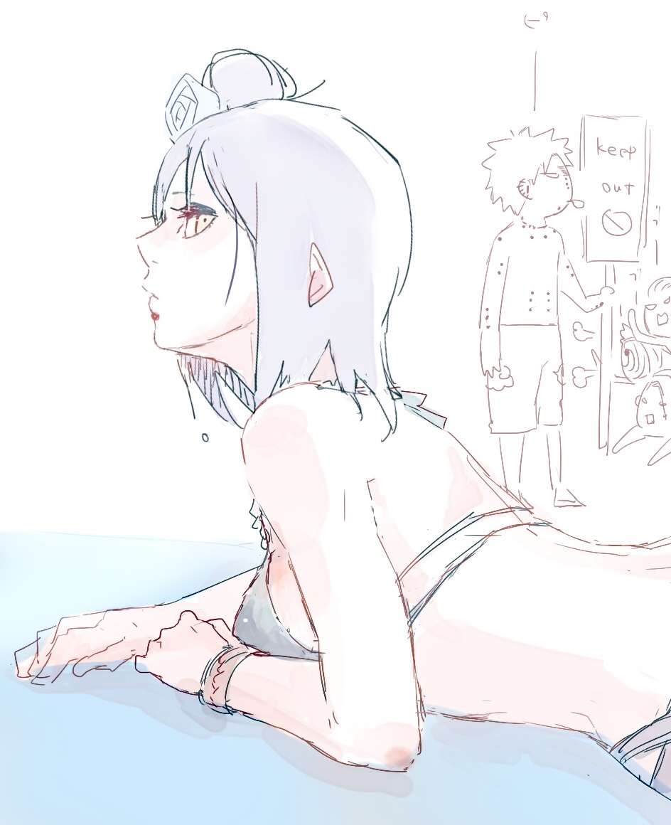 1girl 4boys bikini breasts deidara_(naruto) english_text face_piercing flower hair_bun hair_flower hair_ornament hidan_(naruto) konan_(naruto) labret_piercing lying meitarou multiple_boys naruto_(series) naruto_shippuuden on_stomach pain_(naruto) piercing purple_hair short_hair swimsuit tobi_(naruto) uchiha_obito wet