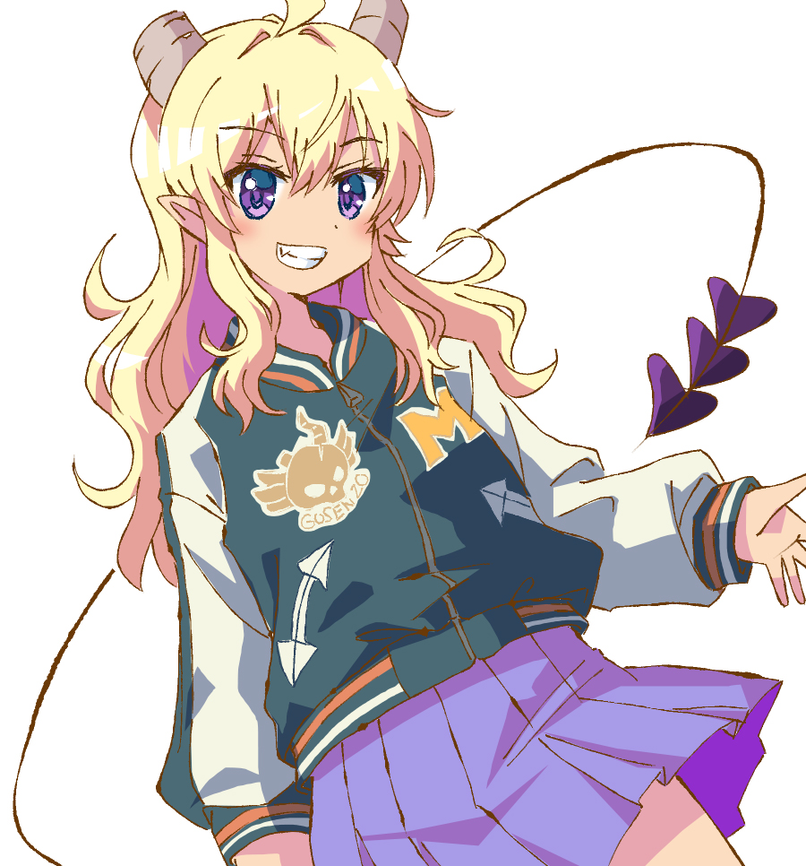 1girl ahoge blonde_hair blue_skirt broken_horn cowboy_shot demon_girl demon_horns demon_tail fang green_jacket grin horns jacket jersey lilith_(machikado_mazoku) long_hair long_tail looking_at_viewer machikado_mazoku multicolored_jacket n88_colpla pleated_skirt pointy_ears purple_eyes simple_background skirt smile solo sportswear tail two-tone_jacket white_background white_jacket