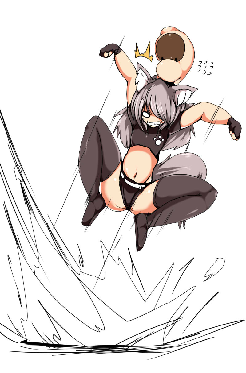 1girl animal_ears borrowed_character clenched_teeth female_focus fingerless_gloves gloves grey_hair highres jpeg_artifacts jumping long_hair midriff milia_wars puki_(creature) sachiho tail taku_(yakumodaisuki) teeth thighhighs wolf_ears wolf_tail
