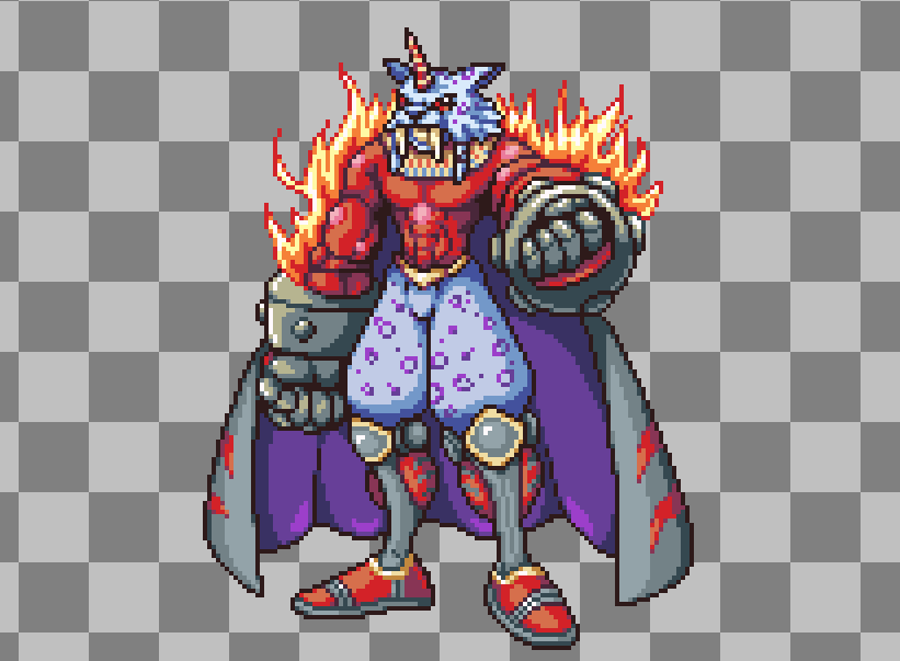cape digimon digimon_(creature) fire horns marsmon muscular muscular_male red_eyes