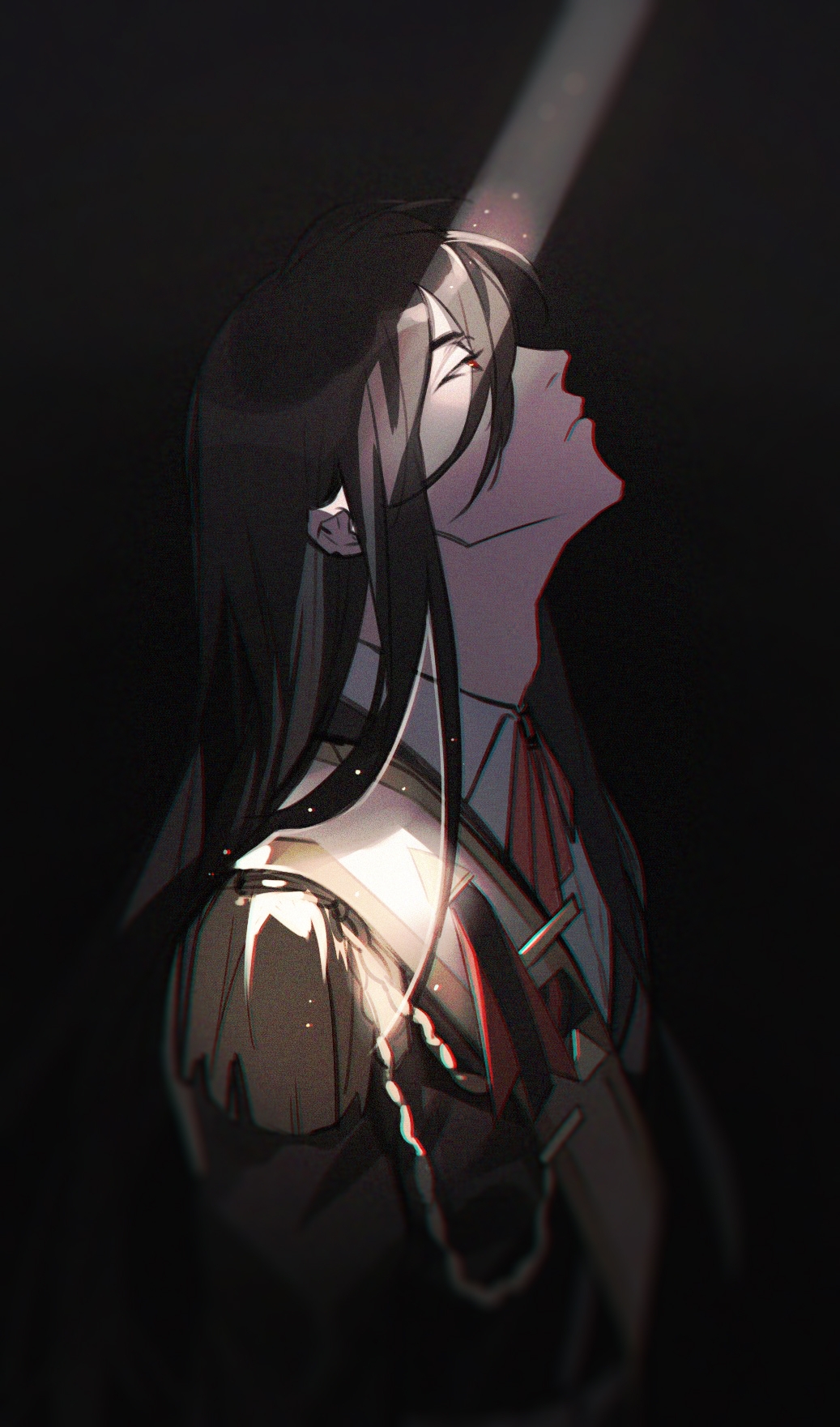 1boy aiguillette azha8 black_background black_hair black_jacket black_pants closed_mouth collared_shirt crack_of_light dark epaulettes expressionless from_side hair_between_eyes half-closed_eyes highres jacket lianhua_blood_duck_(the_tale_of_food) light_particles light_rays long_bangs long_hair long_sleeves looking_up male_focus medal neck_ribbon pants profile red_eyes red_ribbon ribbon sash shirt shoulder_sash solo the_tale_of_food upper_body white_shirt