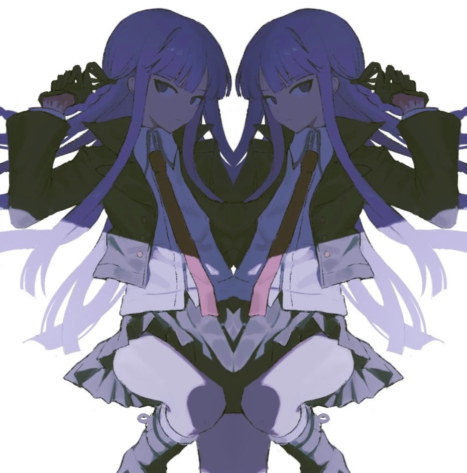 1girl black_boots black_jacket black_skirt boots braid closed_mouth collared_shirt danganronpa:_trigger_happy_havoc danganronpa_(series) gloves hai_(haihki) jacket kirigiri_kyoko long_hair long_sleeves necktie open_clothes open_jacket pleated_skirt purple_hair red_necktie shirt side_braid simple_background skirt symmetry very_long_hair white_background white_shirt