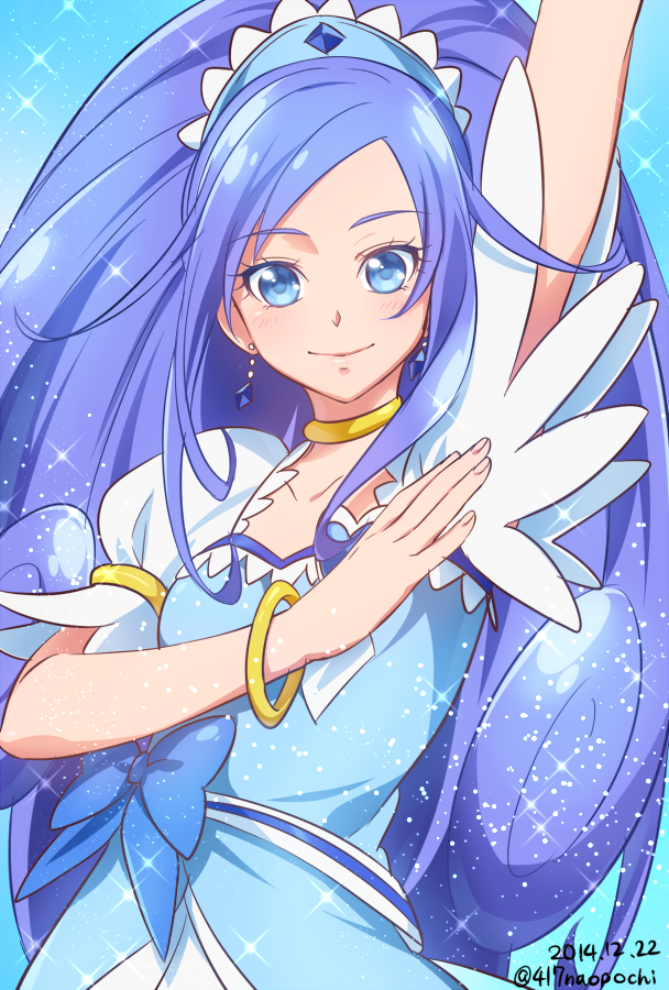 0417nao 1girl blue_bow blue_eyes blue_hair blush bow brooch choker cure_diamond dokidoki!_precure earrings female_focus gold_trim heart heart_brooch hishikawa_rikka jewelry long_hair magical_girl matching_hair/eyes ponytail precure puffy_short_sleeves puffy_sleeves short_sleeves smile solo very_long_hair