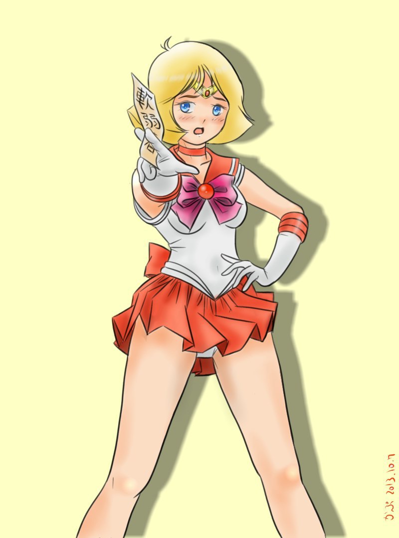 1girl bishoujo_senshi_sailor_moon blonde_hair blue_eyes bow breasts cosplay female_focus gairou_(takakuan) gundam medium_breasts mobile_suit_gundam name_connection orange_skirt panties pink_bow sailor_senshi sailor_senshi_(cosplay) sayla_mass short_hair skirt solo underwear unofficial_sailor_senshi_uniform