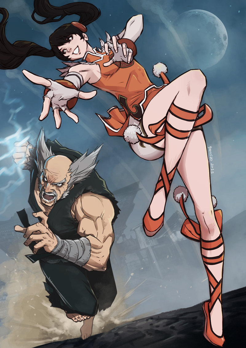 1boy 1girl balding barefoot battle bike_shorts black_hair china_dress chinese_clothes clenched_hand danusko dougi dress dust_cloud facial_hair grin incoming_attack incoming_punch ling_xiaoyu mishima_heihachi muscular mustache namco orange_shirt punching running shirt smile tekken twintails