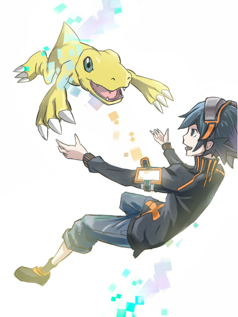 agumon digimon digimon_(creature) goggles goggles_on_head looking_at_another sharp_teeth taiga_(digimon) teeth