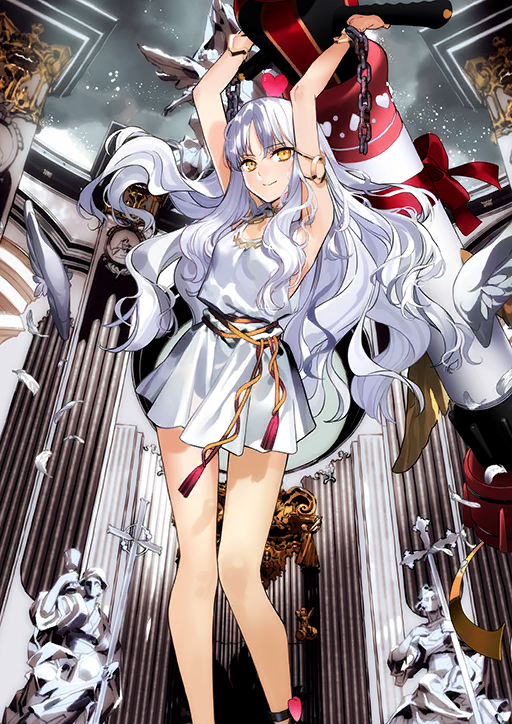 1girl arms_up bracelet breasts caren_hortensia caren_hortensia_(amor_caren) caren_hortensia_(amor_caren)_(first_ascension) chain closed_mouth dress fate/grand_order fate_(series) feet_out_of_frame floating_hair game_cg gold_armlet gold_bracelet gold_choker greco-roman_clothes heart holding holding_weapon jewelry long_hair looking_at_viewer morii_shizuki official_art parted_bangs rocket_launcher short_dress sleeveless sleeveless_dress small_breasts smile solo standing tassel third-party_source variant_set very_long_hair weapon white_dress white_hair yellow_eyes