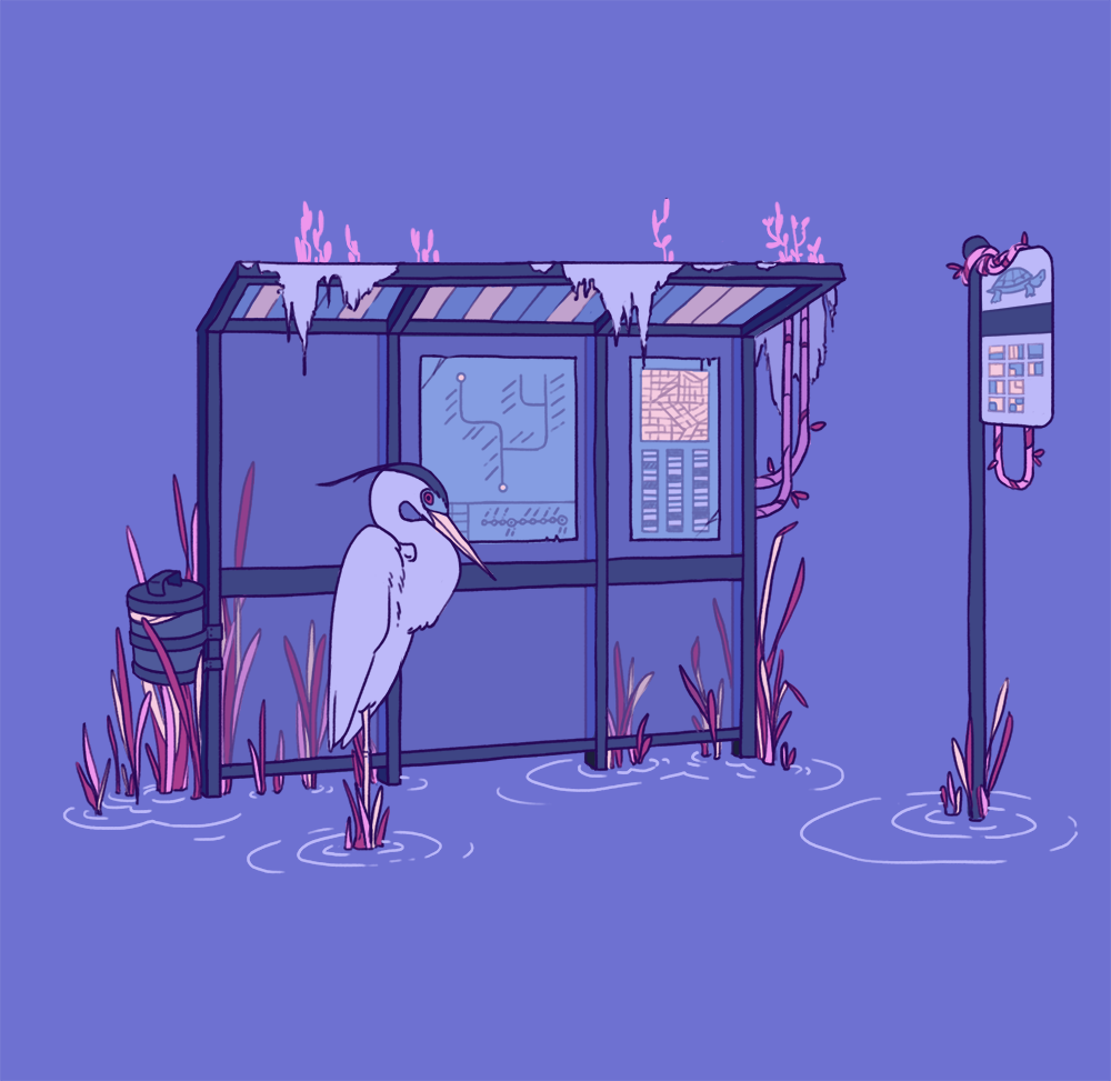 abandoned bird blue_background blue_bird blue_theme bus_stop grass heron map mellific no_humans original purple_background purple_theme route_map scenery sign simple_background trash_can water