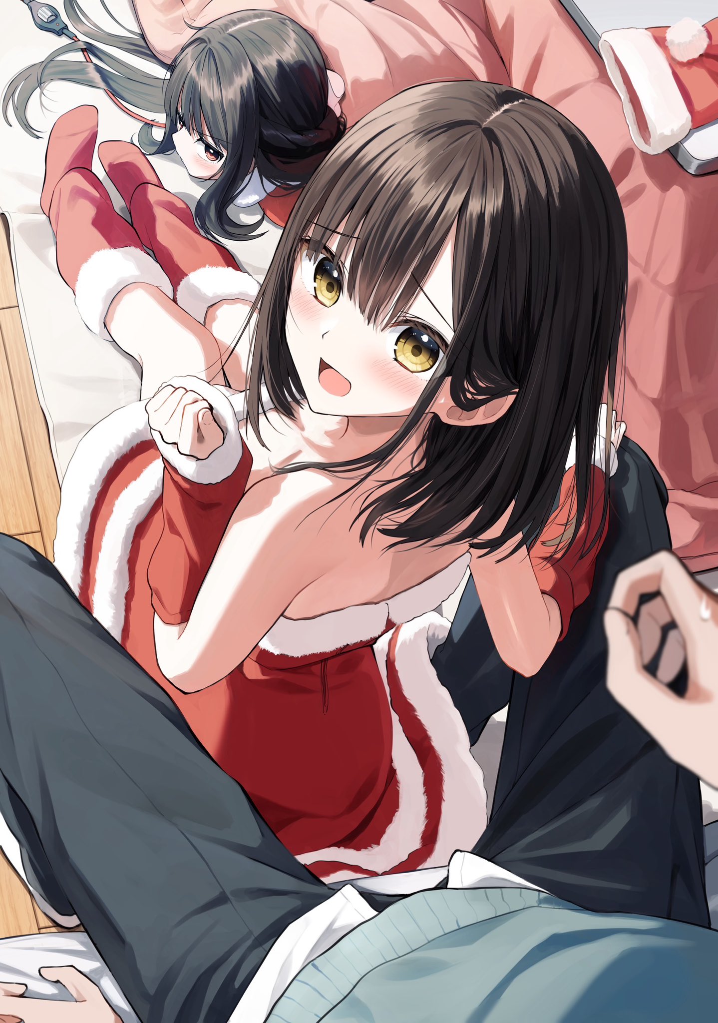 1boy 2girls :d backless_dress backless_outfit bare_shoulders black_hair black_pants blush brown_eyes commentary_request detached_sleeves dress fur-trimmed_dress fur-trimmed_sleeves fur_trim grey_sweater hand_on_another's_knee highres kotatsu long_hair long_sleeves multiple_girls open_mouth original osana_manaka osana_naruka pants pentagon_(railgun_ky1206) puffy_long_sleeves puffy_sleeves red_dress red_sleeves shirt siblings sisters sitting sleeves_past_wrists smile strapless strapless_dress sweater table under_kotatsu under_table v-shaped_eyebrows very_long_hair white_shirt wooden_floor yellow_eyes