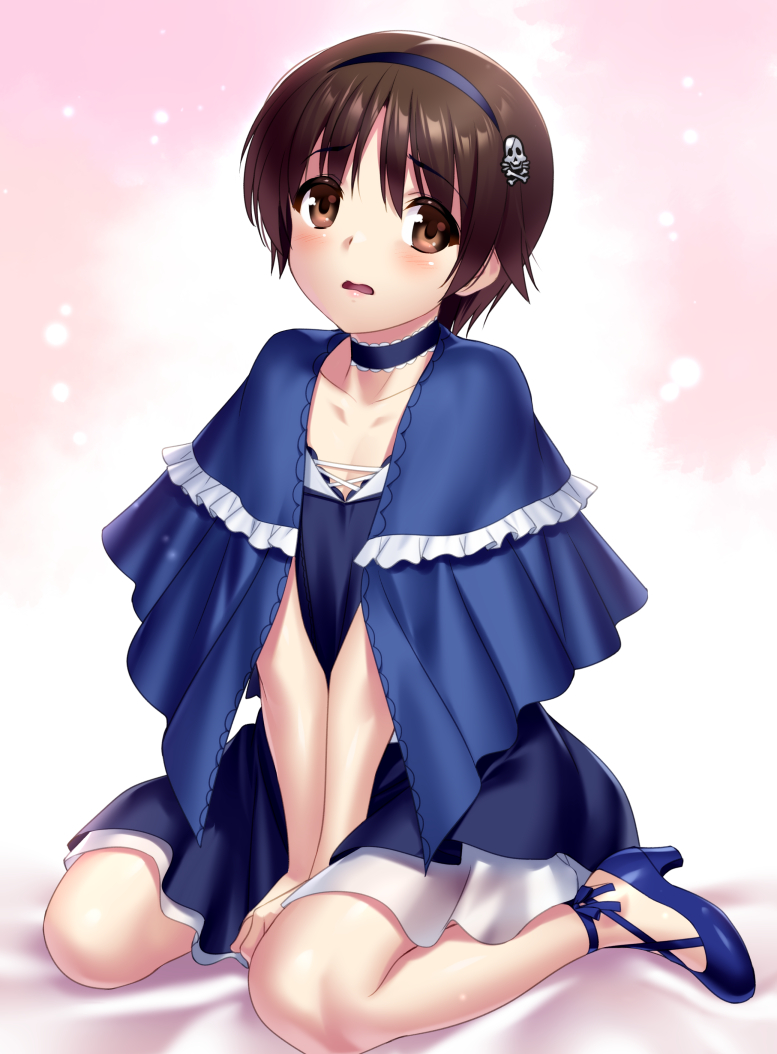 1boy between_legs black_choker black_hairband black_shirt black_skirt blue_capelet blue_footwear blush brown_eyes brown_hair capelet choker collarbone commentary commission company_connection cosplay english_commentary frilled_capelet frilled_choker frills full_body hair_between_eyes hairband hand_between_legs high_heels key_(company) kushima_kamome kushima_kamome_(cosplay) little_busters! looking_at_viewer naoe_riki no_socks open_mouth pink_background second-party_source shirt short_hair shy simple_background sitting skeb_commission skirt skull_and_crossbones solo summer_pockets trap v_arms wariza wavy_mouth zen_(kamuro)