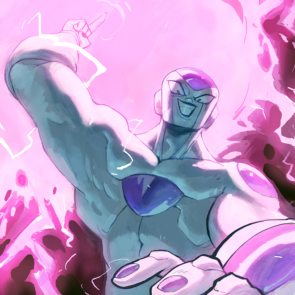 1boy alien arm_up bald colored_skin dragon_ball dragonball_z energy_ball evil_smile final_form_frieza frieza from_below garrett_hanna incoming_attack index_finger_raised male_focus muscular muscular_male purple_nails red_eyes smile solo upper_body white_skin