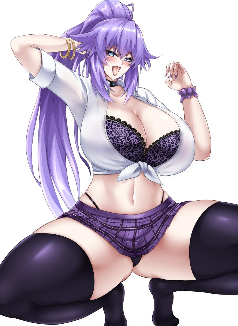 1girl blue_eyes breasts choker large_breasts long_hair neptune_(series) no_shoes pleated_skirt ponytail power_symbol power_symbol-shaped_pupils purple_hair purple_heart_(neptunia) purple_nails purple_skirt seshiro_(which501) shirt short_sleeves simple_background skirt solo symbol-shaped_pupils tongue tongue_out very_long_hair white_background white_shirt