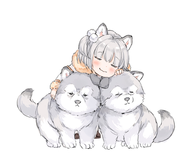 1girl animal animal_ears animal_request blush brown_footwear closed_eyes closed_mouth commentary_request fur-trimmed_jacket fur-trimmed_sleeves fur_trim grey_hair jacket long_sleeves one_side_up original simple_background solo wataame27 white_background white_jacket