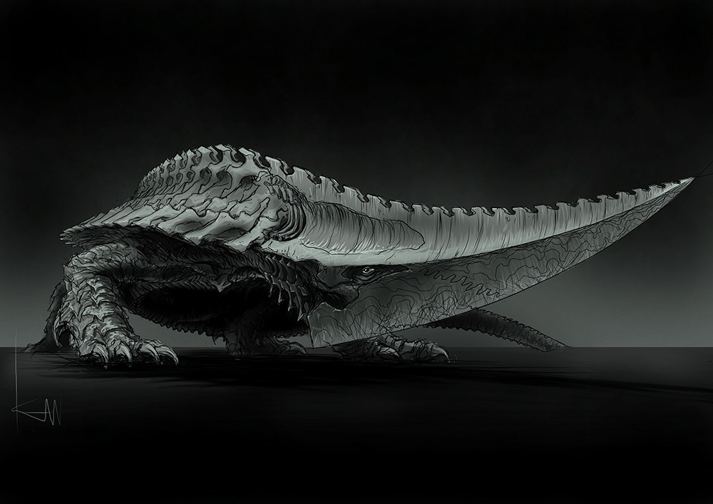 all_fours concept_art engi_(animation_studio) gamera_(series) gamera_-rebirth- giant giant_monster guiron kadokawa kaiju monochrome monster no_humans official_art promotional_art signature sketch sword takahama_kan weapon