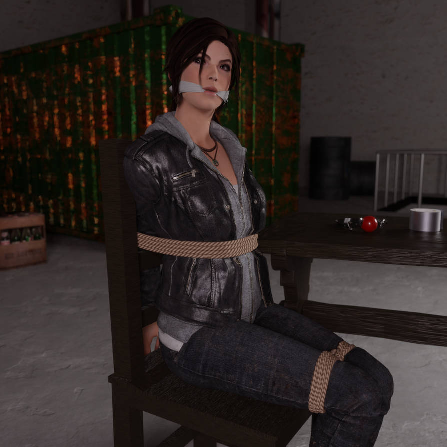1girl 3d arms_behind_back ball_gag bdsm bondage bound bound_arms bound_legs breasts brown_eyes brown_hair cleave_gag cloth_gag gag gagged improvised_gag iorel-renders jewelry lara_croft necklace table tape tied_to_chair tomb_raider tomb_raider_(reboot) variant_set