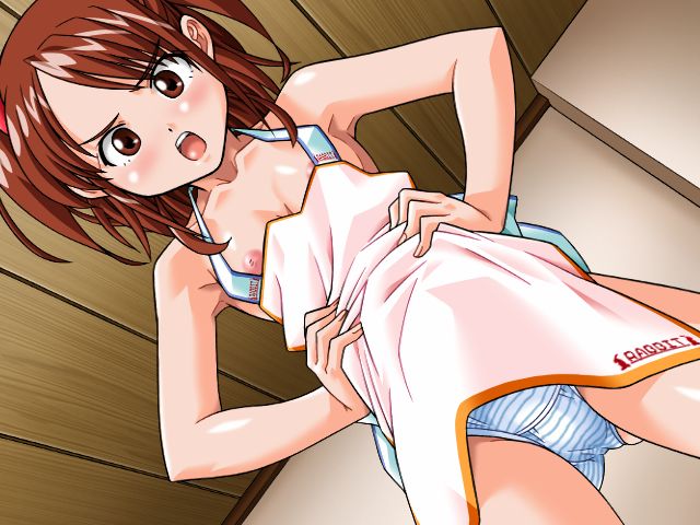 1990s_(style) 1girl apron bare_shoulders blush boku_no_himitsu_taiken breasts ceiling collarbone cowboy_shot from_below game_cg hair_ribbon hands_on_own_hips indoors loli looking_at_viewer looking_down mame naked_apron nipple_slip nipples open_mouth panties pants red_eyes red_hair red_ribbon retro_artstyle ribbon saeki_yuki_(boku_no_himitsu_taiken) short_hair sidelocks small_breasts solo standing striped_clothes striped_pants teeth twintails underwear upper_teeth_only v-shaped_eyebrows white_panties