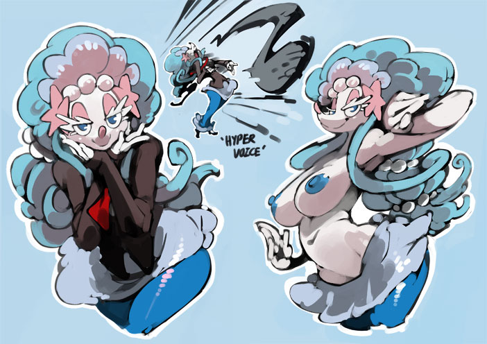 1girl 2017 arched_back armpits bittenhard black_shirt blue_background blue_dress blue_eyes blue_hair blush breasts collarbone colored_skin commentary contrapposto cropped_legs dress english_commentary eyeshadow female_focus full_body gem gen_7_pokemon hair_ornament half-closed_eyes hands_on_own_cheeks hands_on_own_face humanization large_breasts long_hair looking_at_viewer makeup monster_girl motion_lines multiple_views music musical_note navel necktie nintendo nipples no_humans nude outline pearl_(gemstone) pink_eyeshadow pokemon ponytail primarina shirt simple_background singing smile snout star_(symbol) star_hair_ornament straight-on unworn_shirt very_long_hair white_skin