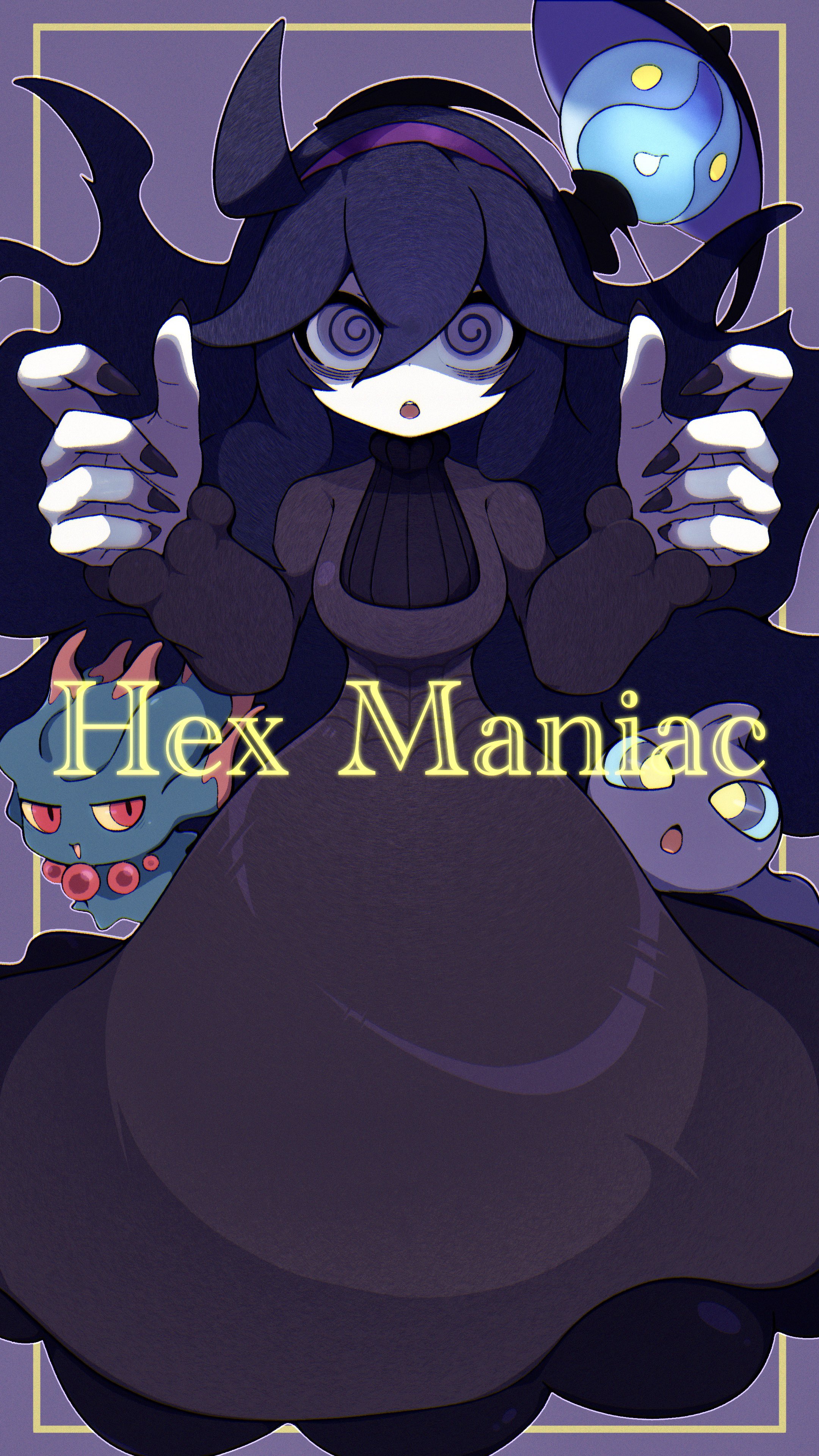 1girl :o absurdres afuron bags_under_eyes black_hair black_nails character_name commentary_request dress gen_2_pokemon gen_3_pokemon gen_5_pokemon hair_between_eyes hairband hex_maniac_(pokemon) highres lampent long_hair long_sleeves looking_at_viewer misdreavus nail_polish nintendo open_mouth pokemon pokemon_(creature) pokemon_xy purple_hairband shaded_face shuppet