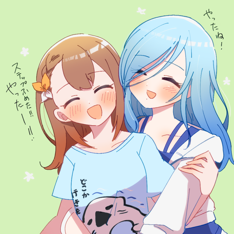 2girls arms_around_waist blue_hair blue_shirt blue_tank_top bow braid breasts brown_hair cardigan closed_eyes clothes_writing collarbone dot_nose eyelashes floral_background flower green_background hair_between_eyes hair_bow hair_over_shoulder hanasato_minori hand_on_another&#039;s_arm happy hinomori_shizuku hug hug_from_behind laughing light_blue_hair light_smile mole mole_under_mouth multiple_girls open_mouth orange_bow otter_print project_sekai sarariman114 shirt short_braid short_sleeves simple_background single_braid small_breasts spaghetti_strap straight_hair swept_bangs t-shirt tank_top translation_request two-tone_bow upper_body white_bow white_cardigan white_flower yuri