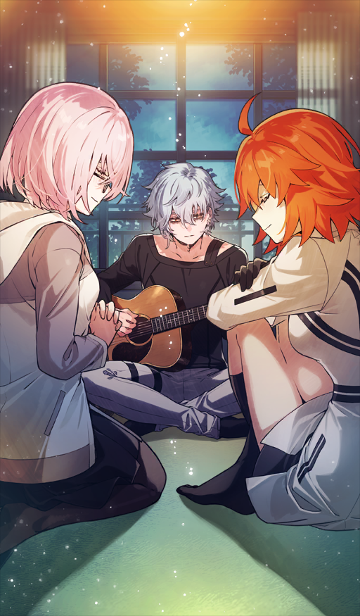 1boy 2girls ahoge black_dress black_gloves black_shirt black_skirt black_socks breasts brown_pantyhose closed_eyes closed_mouth coat commentary_request crossed_ankles crossed_arms dress expressionless fate/grand_order fate_(series) fujimaru_ritsuka_(female) fujimaru_ritsuka_(female)_(decisive_battle_chaldea_uniform) game_cg glasses gloves grey_hair grey_jacket grey_pants guitar hair_between_eyes hand_on_own_arm holding holding_guitar holding_instrument hood hood_down hooded_jacket indian_style indoors instrument interlocked_fingers jacket kadoc_zemlupus kaworu_(kaw_lov) kneehighs knees_up light_particles long_sleeves looking_down mash_kyrielight medium_breasts medium_hair miniskirt multiple_girls no_shoes novum_chaldea official_art open_clothes open_jacket orange_hair own_hands_together pants pantyhose pink_hair playing_guitar pleated_skirt seiza shirt short_dress short_hair sitting skirt smile socks third-party_source trinity_metatronius_(fate/grand_order) variant_set white_coat window yellow_eyes