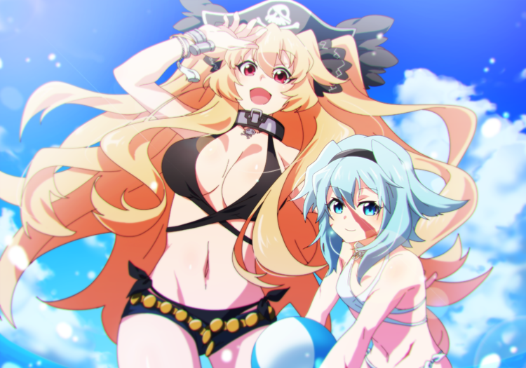 2girls anne_bonny_(fate) anne_bonny_(swimsuit_archer)_(first_ascension)_(fate) ball beachball bikini black_hair blonde_hair blue_sky breasts cloud cowboy_shot fate/grand_order fate_(series) female_focus headwear_request jolly_roger large_breasts long_hair looking_at_viewer mary_read_(fate) mary_read_(swimsuit_archer)_(first_ascension)_(fate) medium_breasts multiple_girls pirate scar scar_on_face short_hair sky smile swimsuit tukno water white_bikini