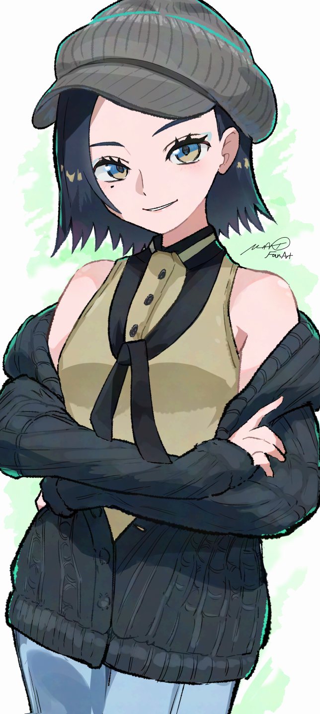 1girl bare_shoulders black_cardigan black_hair blue_eyeshadow blue_pants buttons cardigan casual commentary_request comoli_harcourt cowboy_shot crossed_arms denim eyeshadow grey_hat gundam gundam_gquuuuuux hair_behind_ear hat highres jeans long_sleeves looking_at_viewer maato_tac makeup medium_hair mole mole_under_eye official_alternate_costume pants parted_lips partially_unbuttoned ribbed_cardigan shirt signature sleeveless sleeveless_shirt sleeves_past_wrists smile solo