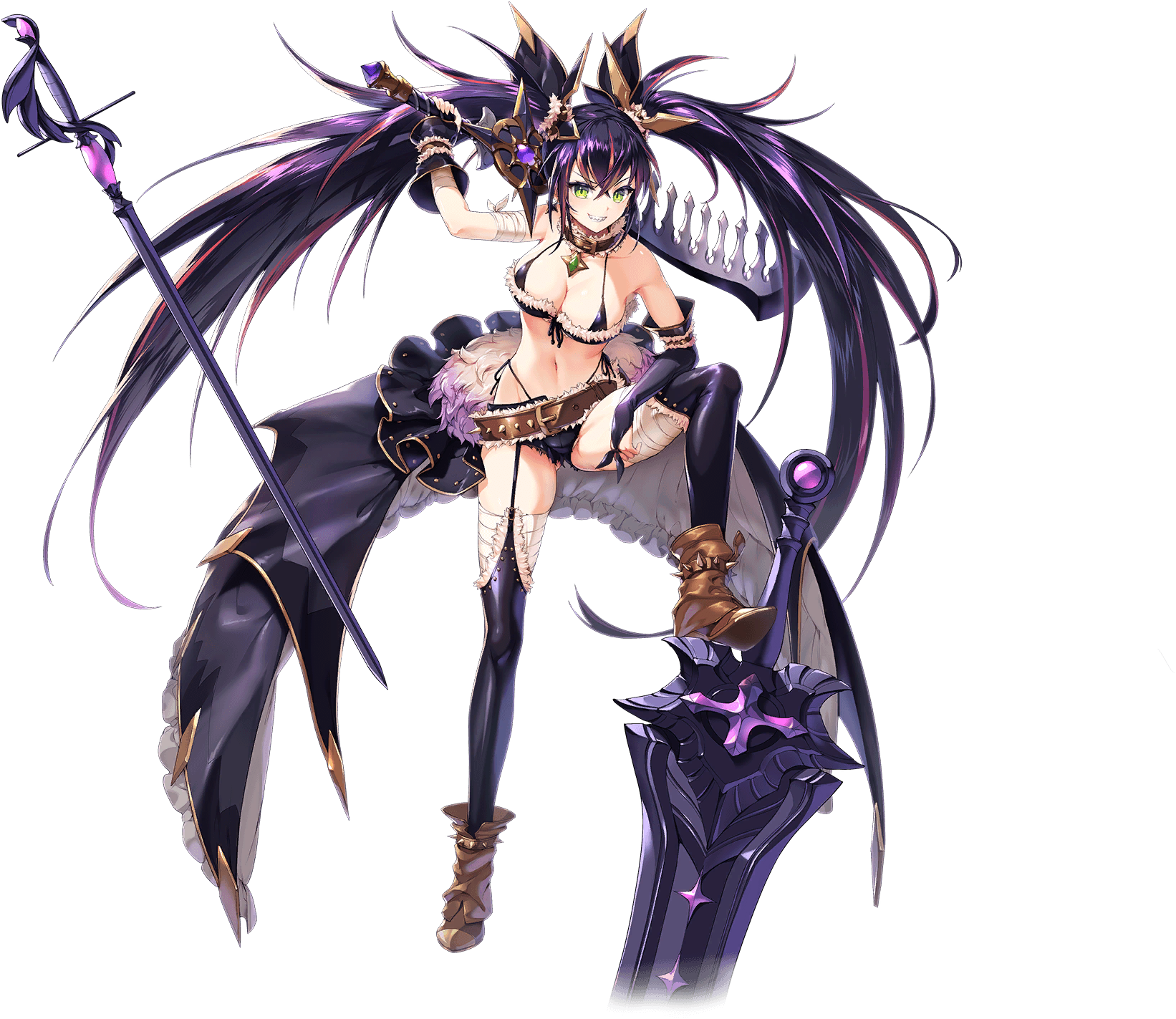1girl arm_up artist_request bandages belt black_bra black_panties boots bra breasts collar full_body game_cg garter_straps green_eyes highres holding holding_sword holding_weapon multiple_swords navel official_art panties ponina_(unitia) purple_hair solo source_request spikes sword third-party_source transparent_background twintails underwear unitia weapon