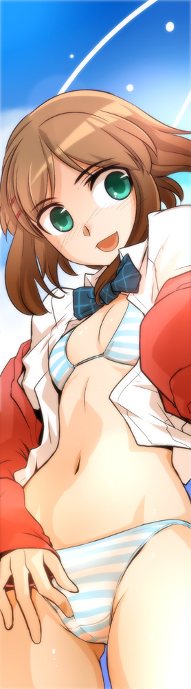 10s 1girl bikini blush bow bowtie breasts brown_hair cameltoe ez6 female_focus green_eyes jacket navel no_pants open_clothes open_shirt red_jacket shirt short_hair small_breasts solo striped_bikini striped_clothes suzuki_yua swimsuit tesagure!_bukatsu-mono