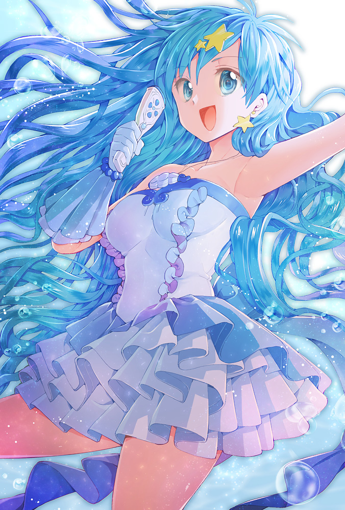 1girl arm_up armpits blue_eyes blue_gloves blue_hair breasts collarbone dress earrings frilled_dress frills gloves hair_ornament hatsuga_(oyayubi_itai2) holding holding_microphone houshou_hanon idol jewelry large_breasts long_hair mermaid_melody_pichi_pichi_pitch microphone necklace official_alternate_costume open_mouth shell shell_necklace smile solo star_(symbol) star_earrings star_hair_ornament strapless strapless_dress