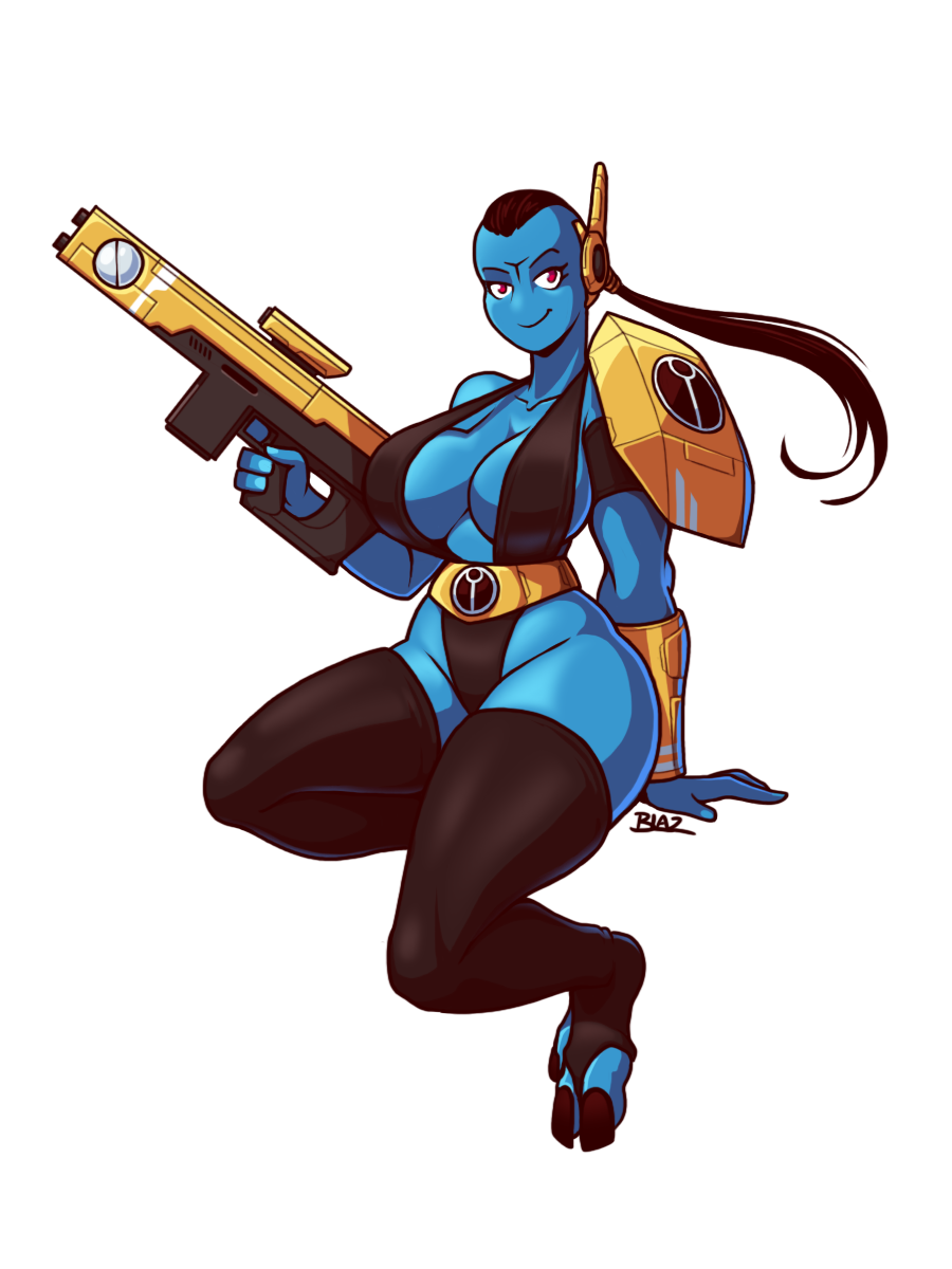 alien blazbaros blue_skin breasts colored_skin facial_mark fewer_digits forehead_mark gun highres holding holding_gun holding_weapon large_breasts no_nose t&#039;au thick_thighs thighhighs thighs warhammer_40k weapon