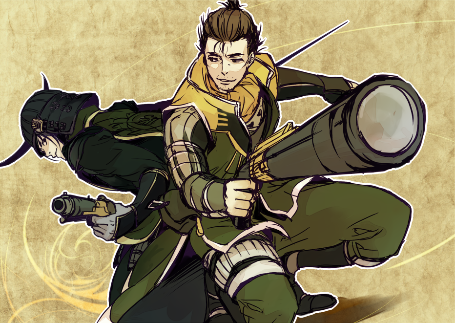 armor ascot back-to-back brown_hair coat date_masamune eyepatch gun handgun helmet male_focus pistol rifle saika_magoichi sengoku_musou swept_bangs sword weapon